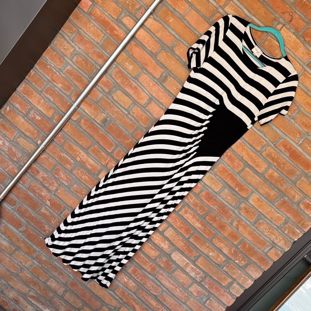 Beige by eci Black and White Striped Maxi Dress